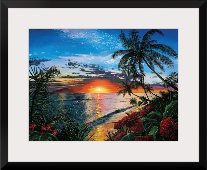 This contemporary painting shows a sunset far off in the distance with palm trees and other wild plants in the foreground.