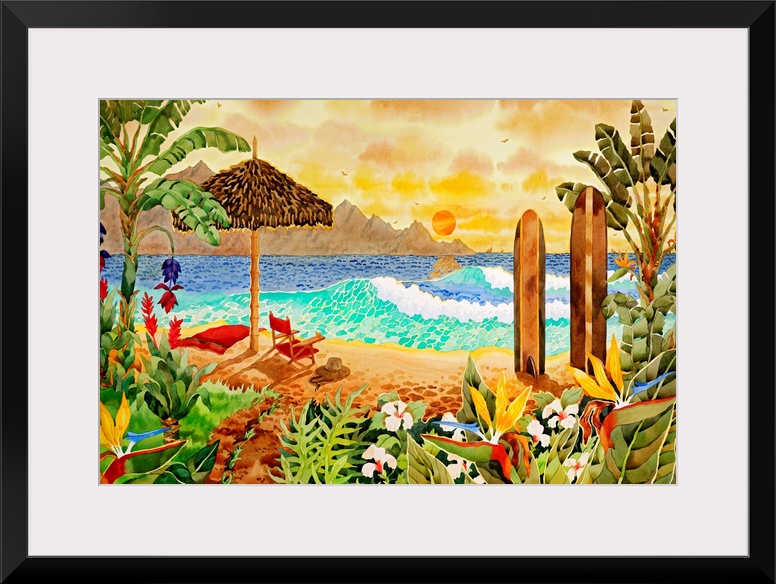 Giant contemporary art displays a lively beach scene filled with lush vegetation and an umbrella and chair sitting next to...