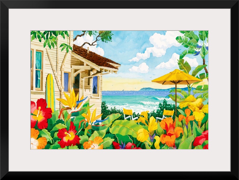 Huge contemporary art focuses on a beachside house surrounded by beautiful groups of boldly colored flowers, a surfboard l...