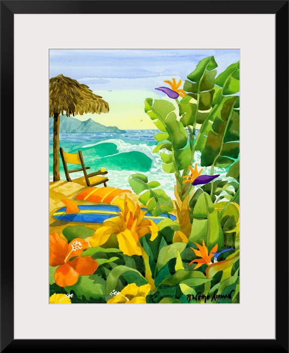 Tropical vegetation is painted in the foreground of this picture with a beach umbrella, chair, towel and surfboard laying ...