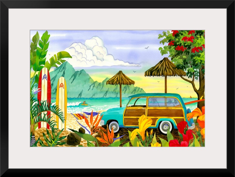 Big, horizontal canvas art of a woody station wagon parked near a beach with palms and brightly colored flowers, two umbre...