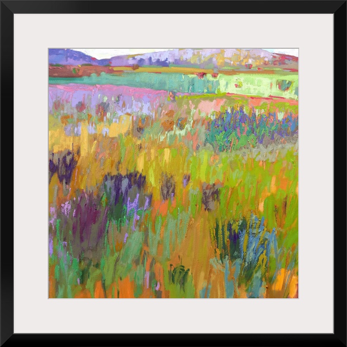 A square abstract of a field with flowers painted with brush strokes of vibrant colors.