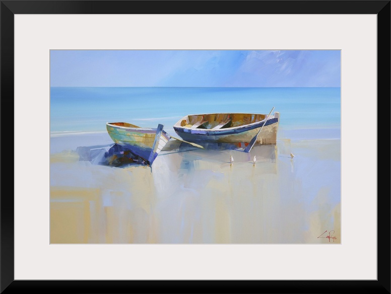 Painting of two beached rowboats at low tide.