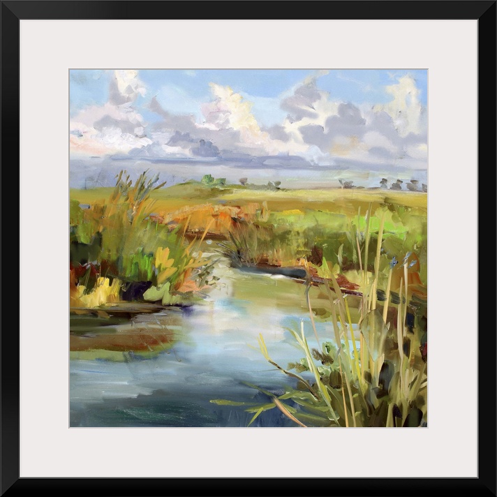 A contemporary painting of a marshland under a blue sky.