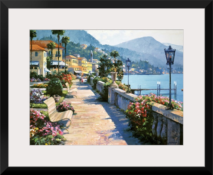 Beautiful and romantic painting featuring a waterfront walkway in the idyllic town of Bellagio, on the shores of Lake Como...