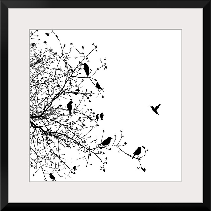 A black and white illustration of a group of birds sitting on a tree branch.