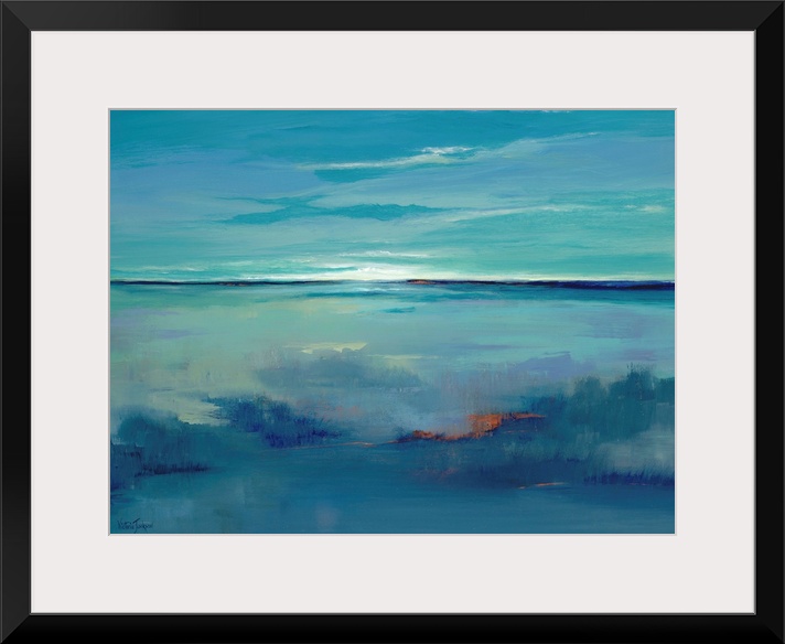 Contemporary abstract painting using using predominant blue tones resembling an open sea and horizon with setting sun.