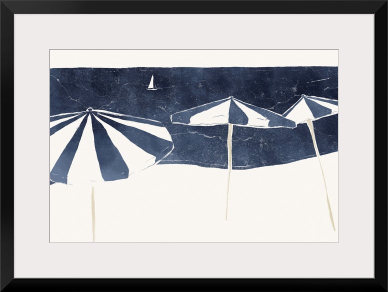 Blue Umbrellas And Sailboat