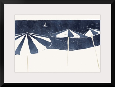Blue Umbrellas And Sailboat