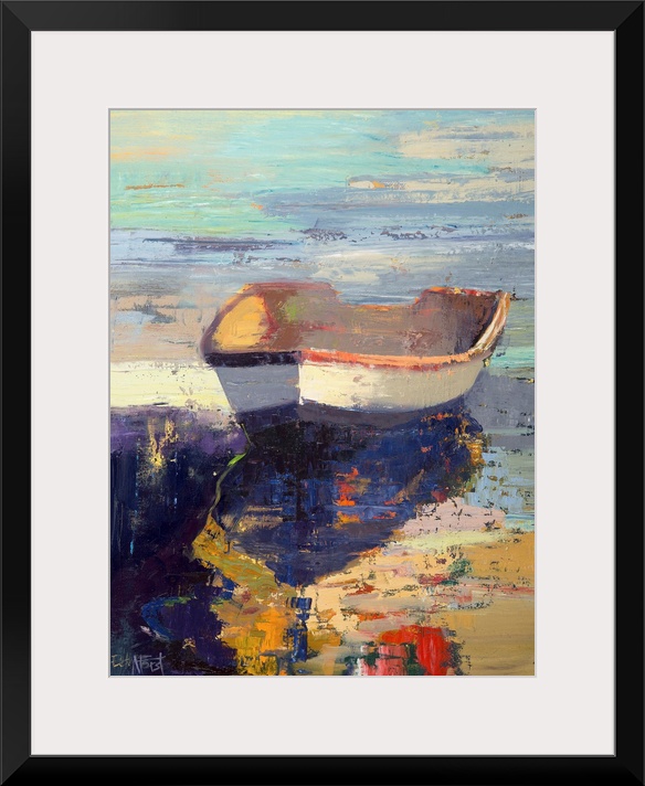 A contemporary coastal themed painting of a row boat sitting in still water.