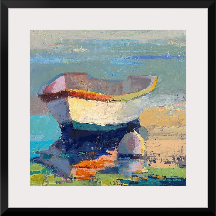 A contemporary coastal themed painting of a row boat sitting in still water.