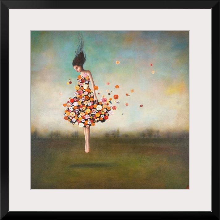 Contemporary surreal artwork of a woman wearing a dress made of flowers floating in the air.