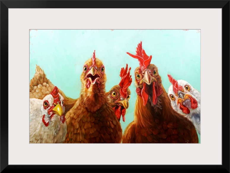 A contemporary painting of a group of chickens peering at the viewer.