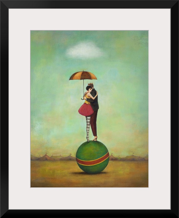 Contemporary surreal artwork of a woman and man embracing on top of a green ball.