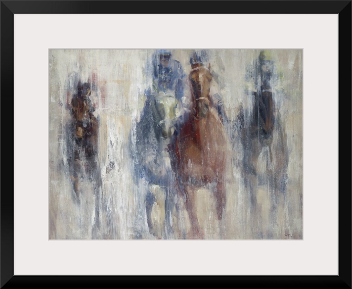 A contemporary painting of a horse derby, with the impression of the horses advancing toward you.