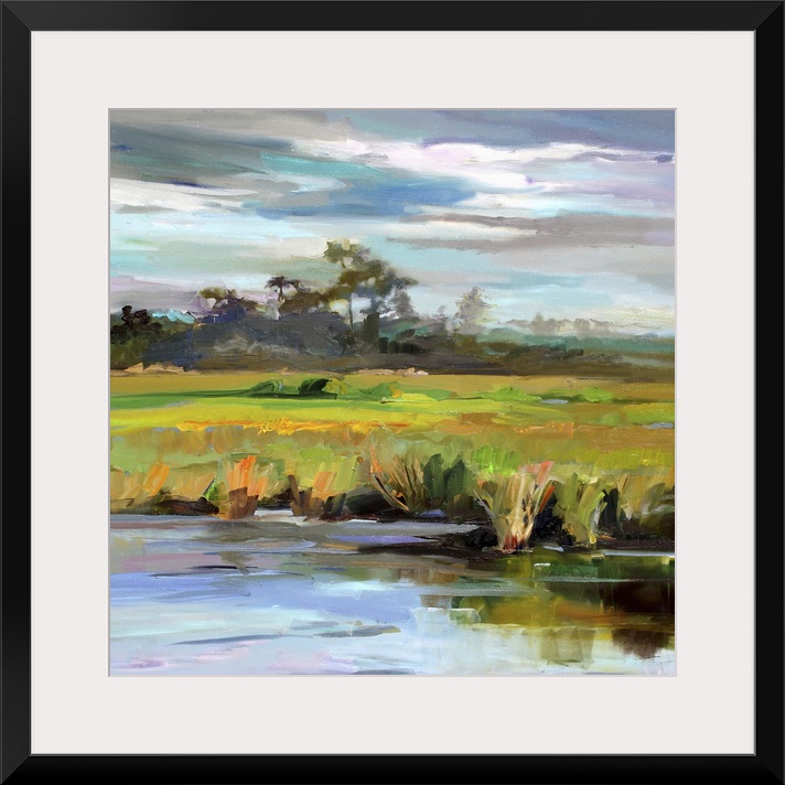 A contemporary painting of a marshland under a blue sky.