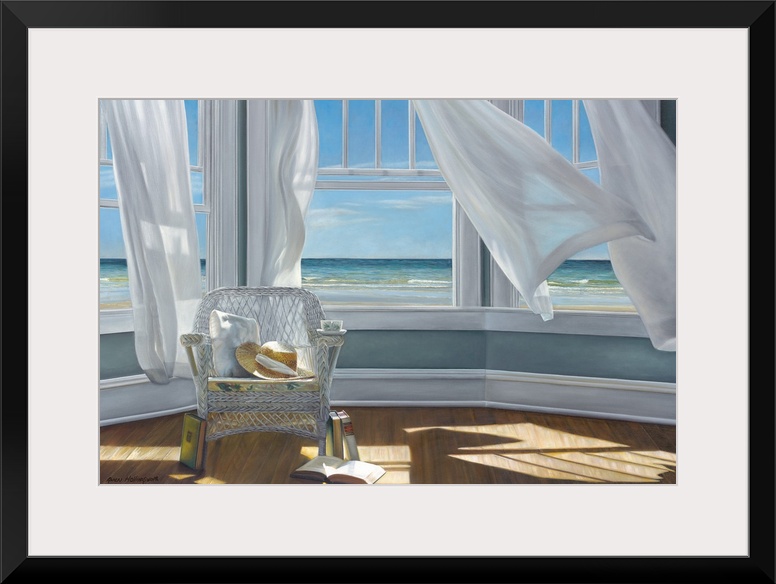 Contemporary still life painting of books and a hat on a chair next to an open window with a white curtain and the beach o...