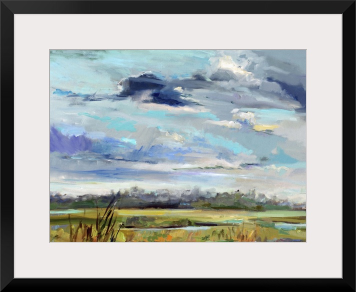 A contemporary painting of a marshland under a blue sky.