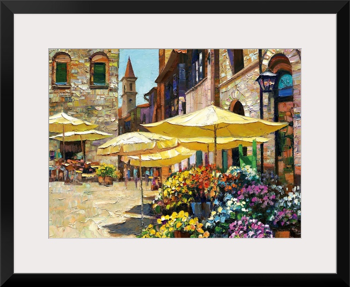 Contemporary art piece of a market in Italy that is filled with flowers and surrounded by stone buildings.