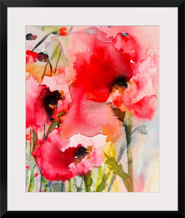 Contemporary watercolor painting of vibrant red flowers.