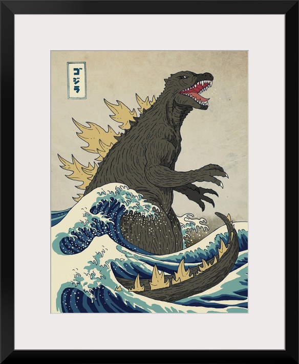 A digital illustration of Godzilla in the style of The Great Wave off Kanagawa.