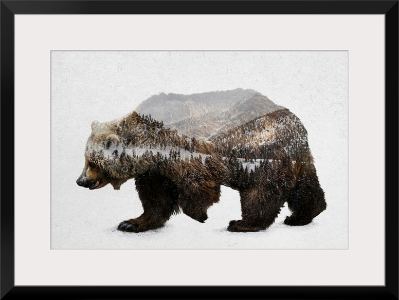 A contemporary piece of artwork of a wilderness scene withing the outline of a brown bear.