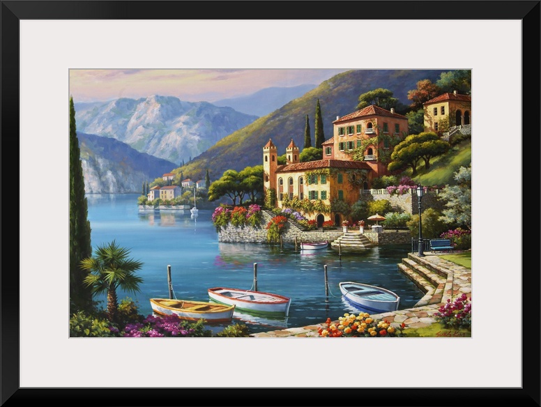 Contemporary painting of an idyllic rural European village scene.