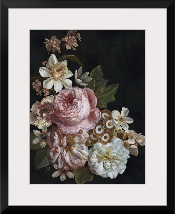 A cluster of beautiful old world flowers arranged over a dark background.