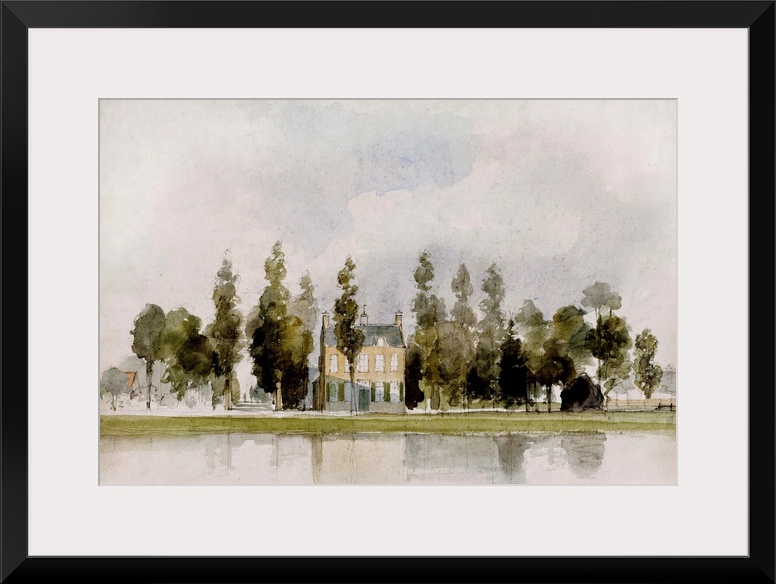 A quaint riverfront estate in the country done in watercolor.