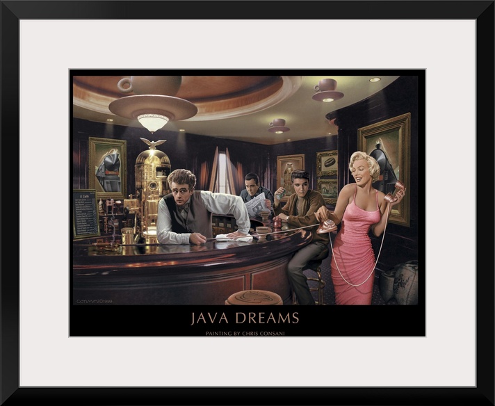 Painting of Marilyn Monroe in a coffee shop with James Dean as a barista.