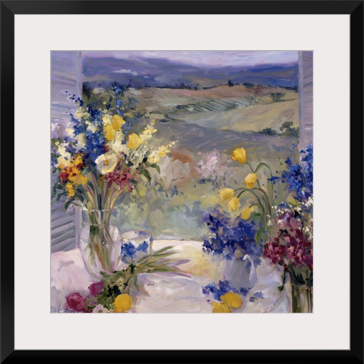 Fine art oil painting still life of lavender, yellow and maroon flowers on a table overlooking the Tuscan hillside through...