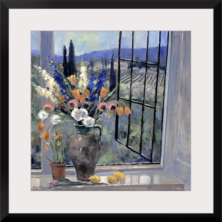 Contemporary landscape painting of a flower filled vase sitting by an open window looking out over the Tuscan hillside.