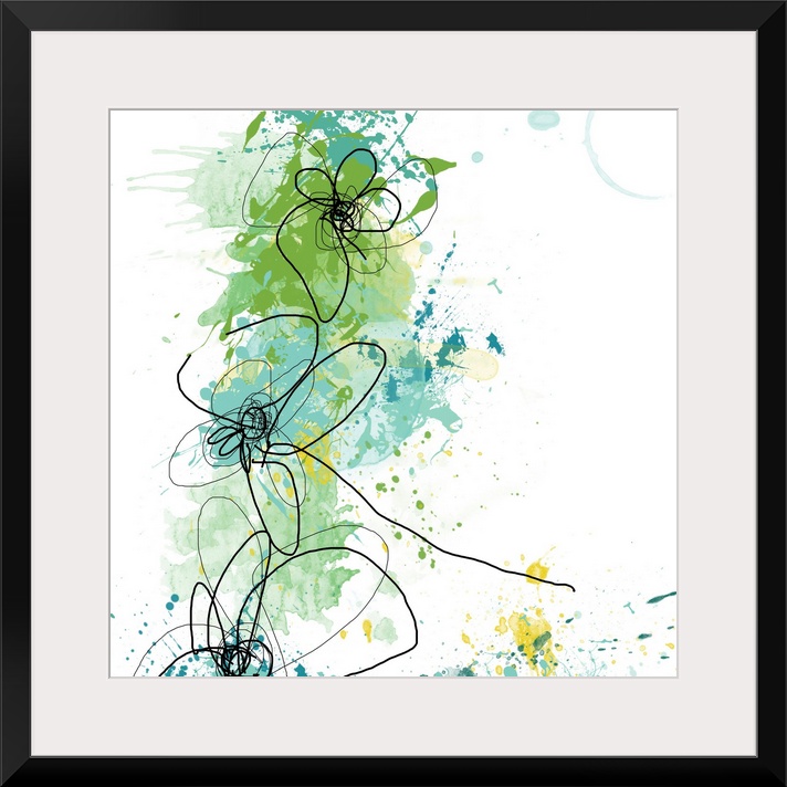 Big abstract floral art illustrated through lots of paint splashes and curved lines to represent the flowers.