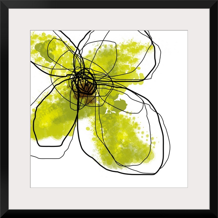 Oversized, contemporary, square wall hanging of large, splotchy green flower surrounded by scribbled dark lines on a solid...