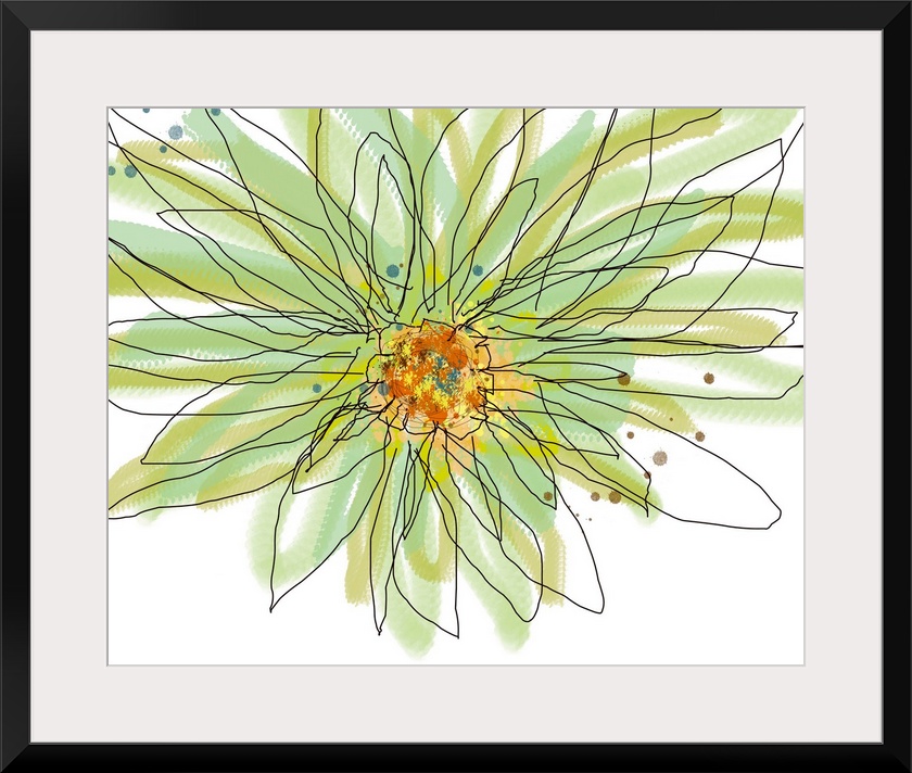 Big contemporary art illustration of a summer gerbera set in soft and cool tones.  Artist separates the outlines of leaves...
