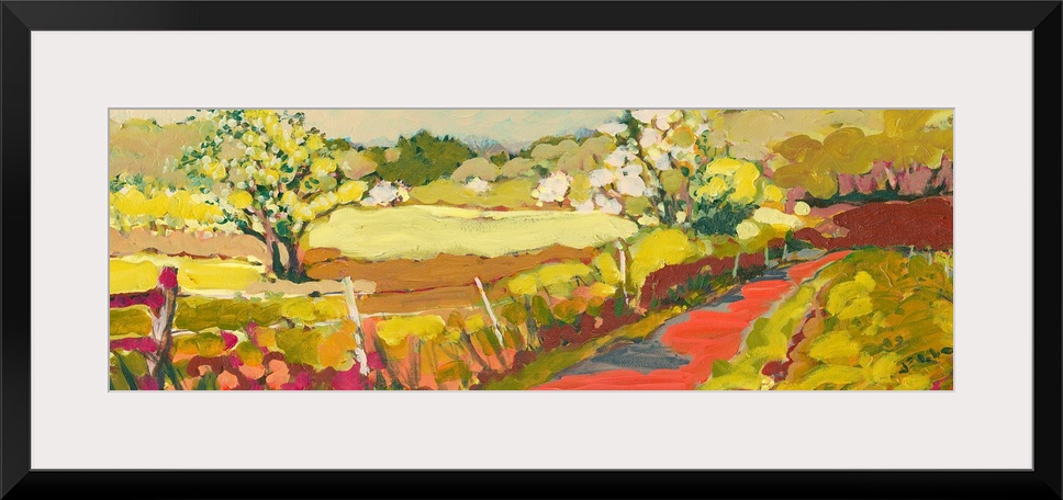 A panoramic piece of artwork that displays a road in the countryside.  The fence and large tree in the foreground help bri...