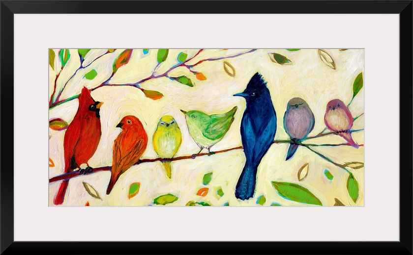 Seven birds that chromatically shift from warm to cool colors sitting on a tree branch in this decorative accent artwork f...