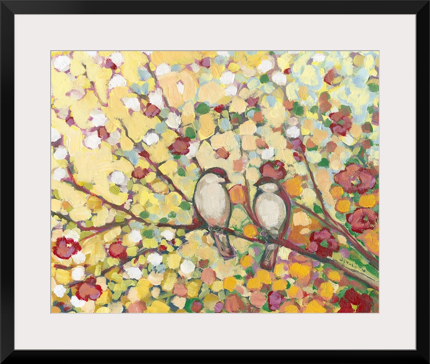 Giant floral art displays two birds sharing a tree branch surrounded by colorful leaves and cherry blossoms.  Artist uses ...