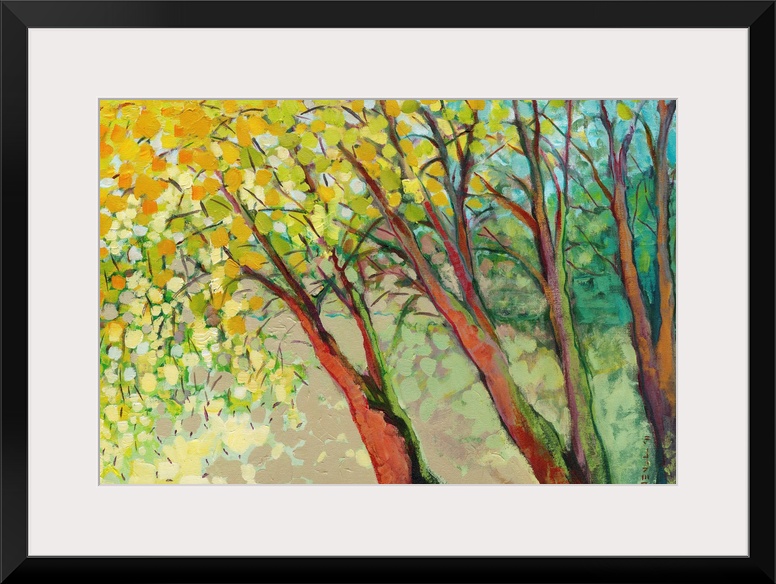 A contemporary impressionistic landscape of three painterly trees and abstract leaves made large brush strokes.