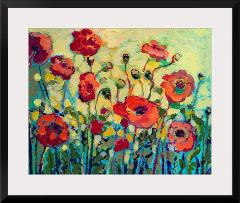 Close up of poppy flowers and leaves with bold impressionistic brush strokes.