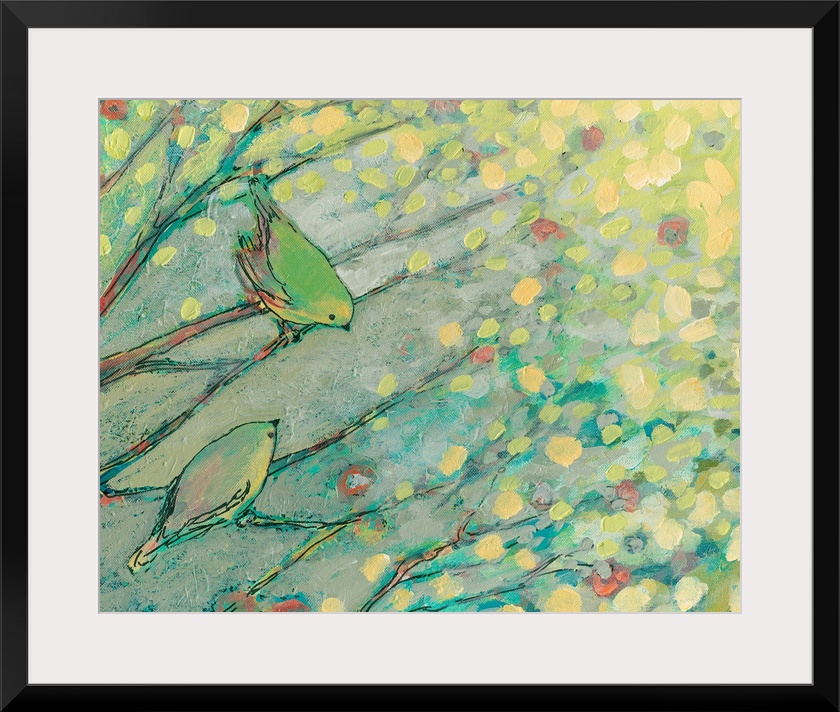 Pastel colored abstract painting of birds on branches with tree leaves hanging above.