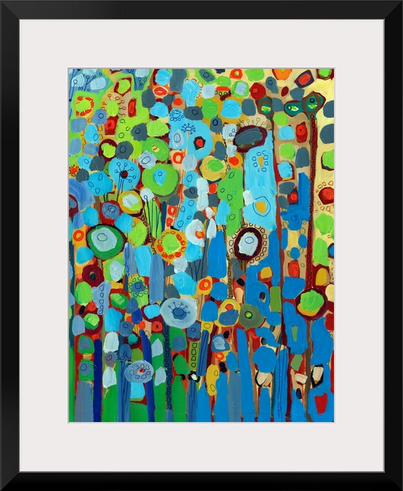 Large portrait abstract painting of a variety of circular flowers growing vertically in mainly cool tones.