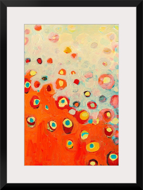 Vertical abstract painting from the Growing in the Valley series of floral images, with circular flowers randomly placed o...