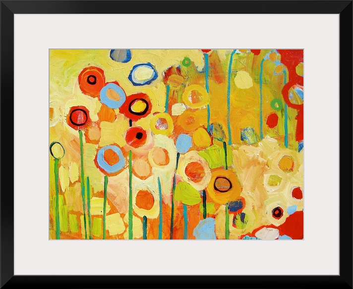 An abstract still life of colorful circles and lines representing flowers and stems.