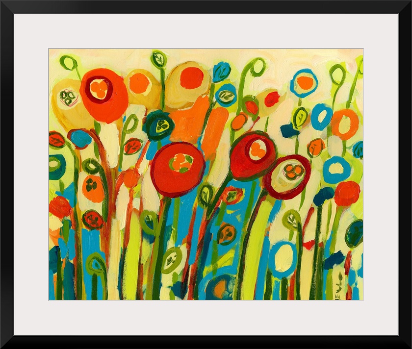 Large contemporary art showcases a colorful arrangement of poppy flowers and buds.  Artists uses lots of vertical lines fo...