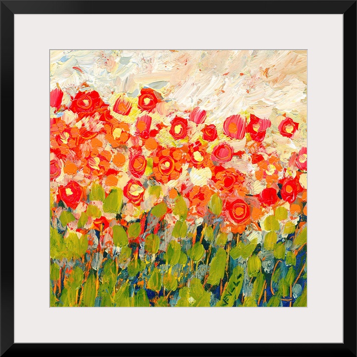 Big square contemporary painting illustrating colorful flowers on a Spring day through use of various bright colors and te...