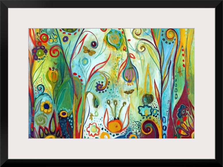 Brightly colored abstract painting of whimsical flowers and butterflies with areas of patterned dots.