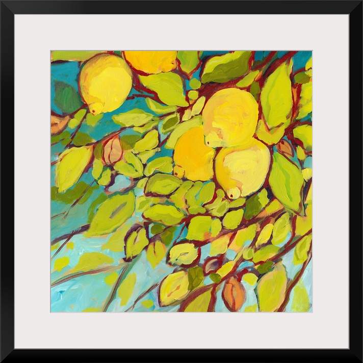 Contemporary painting of lemon tree with an up close view of the leaves and lemons.