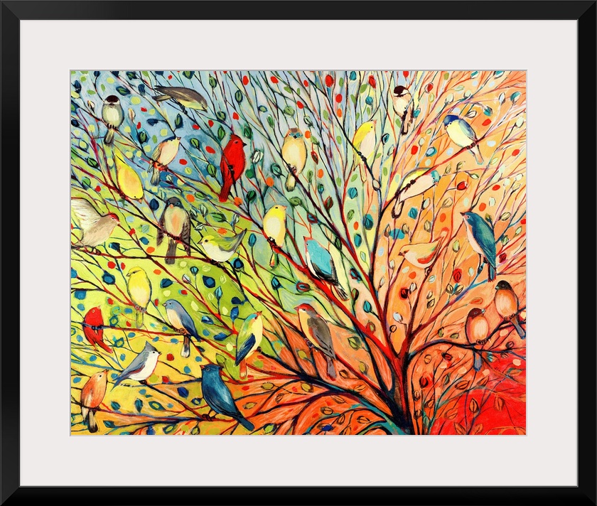Landscape, oversized contemporary painting of a variety of birds in a tree with flowing branches and small leaves, on a ba...