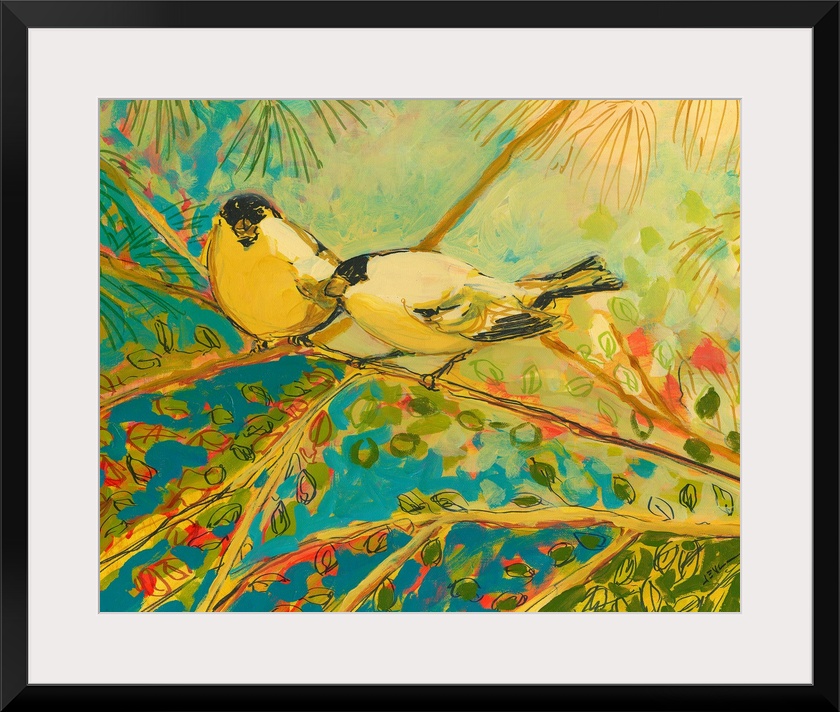 Large contemporary art displays two Goldfinches sitting on a tree branch during a sunny day.  Artist heavily uses lines to...